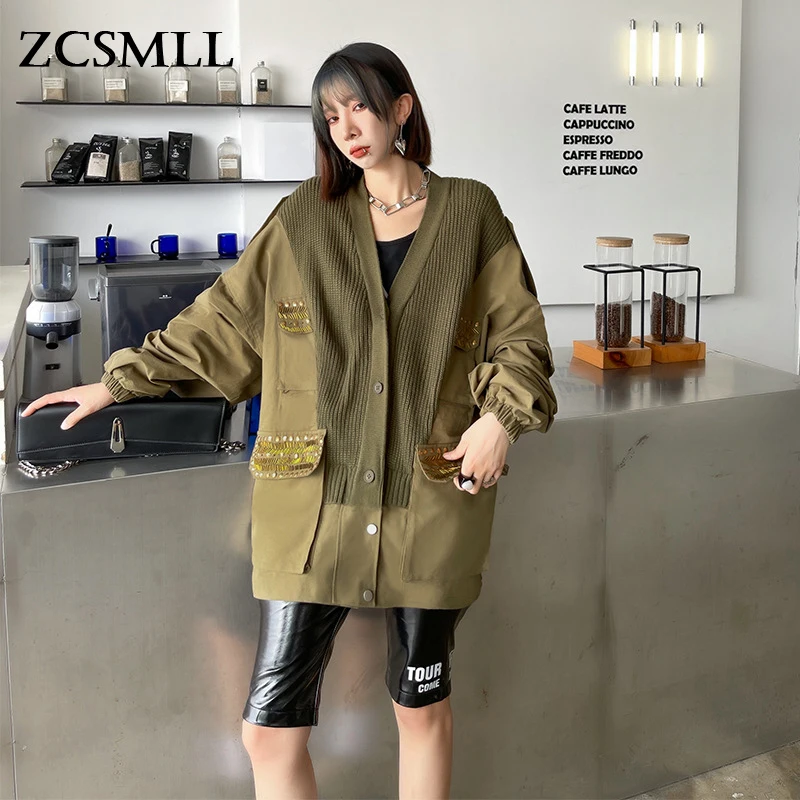 

ZCSMLL Loose Fit Army Green Knitting Big Size Jacket New Lapel Long Sleeve Women Coat Fashion Tide Spring Autumn 2021 TH921