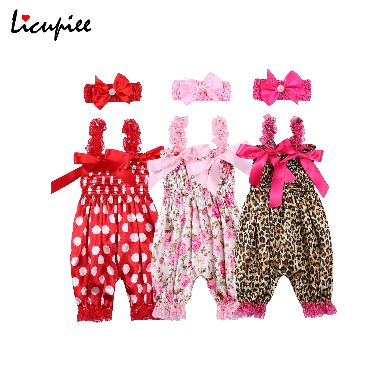 

0-24 Months Print Kids Jumpsuit Headband Girls Dots/ Flower/ Leopard Print Sleeveless Romper Elastic Shoulder Strap+ Headwear