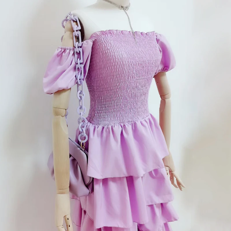 

Casual Purple Ruffle Dress For Women Slash Neck Short Sleeve High Waist Ruched Slim Midi Dresses Female 2021 Summer