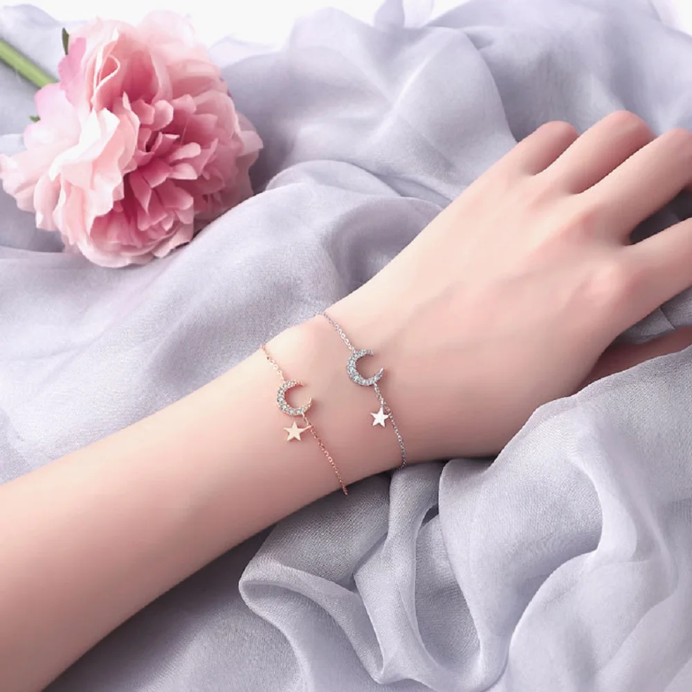 

Милые изящные Шарм с Луной и звездой браслет Micro кубический циркон ожерелье браслет для Для женщин Подарки