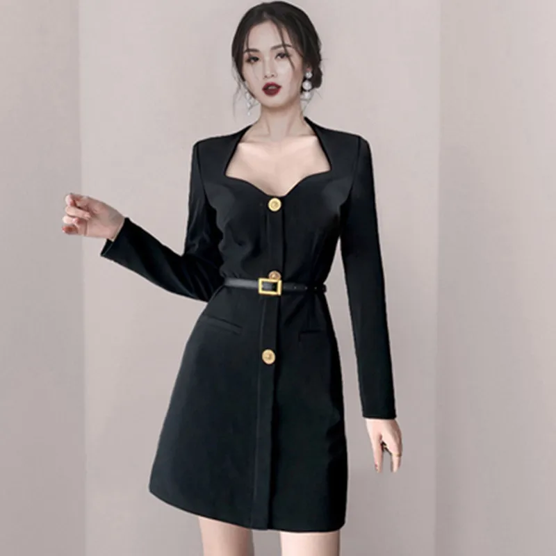 

2021 Luxuriy Women High-End Long Sleeve Single Breasted A-Line Dress Spring Fashion Slim Business Simple Elegant Dress With Belt