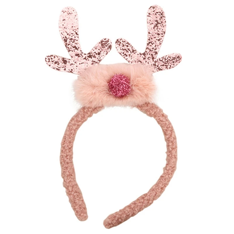 

N1HF Women Girls Christmas Reindeer Antlers Plush Headband Glitter Tinsel Pom Pom Nose Stretchy Hair Hoop Xmas Deer Horn Holiday
