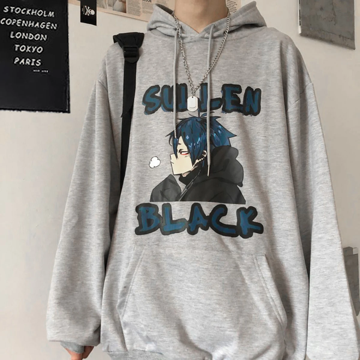 Черная Толстовка с аниме принтом SULLEN модный свободный утепленный пуловер