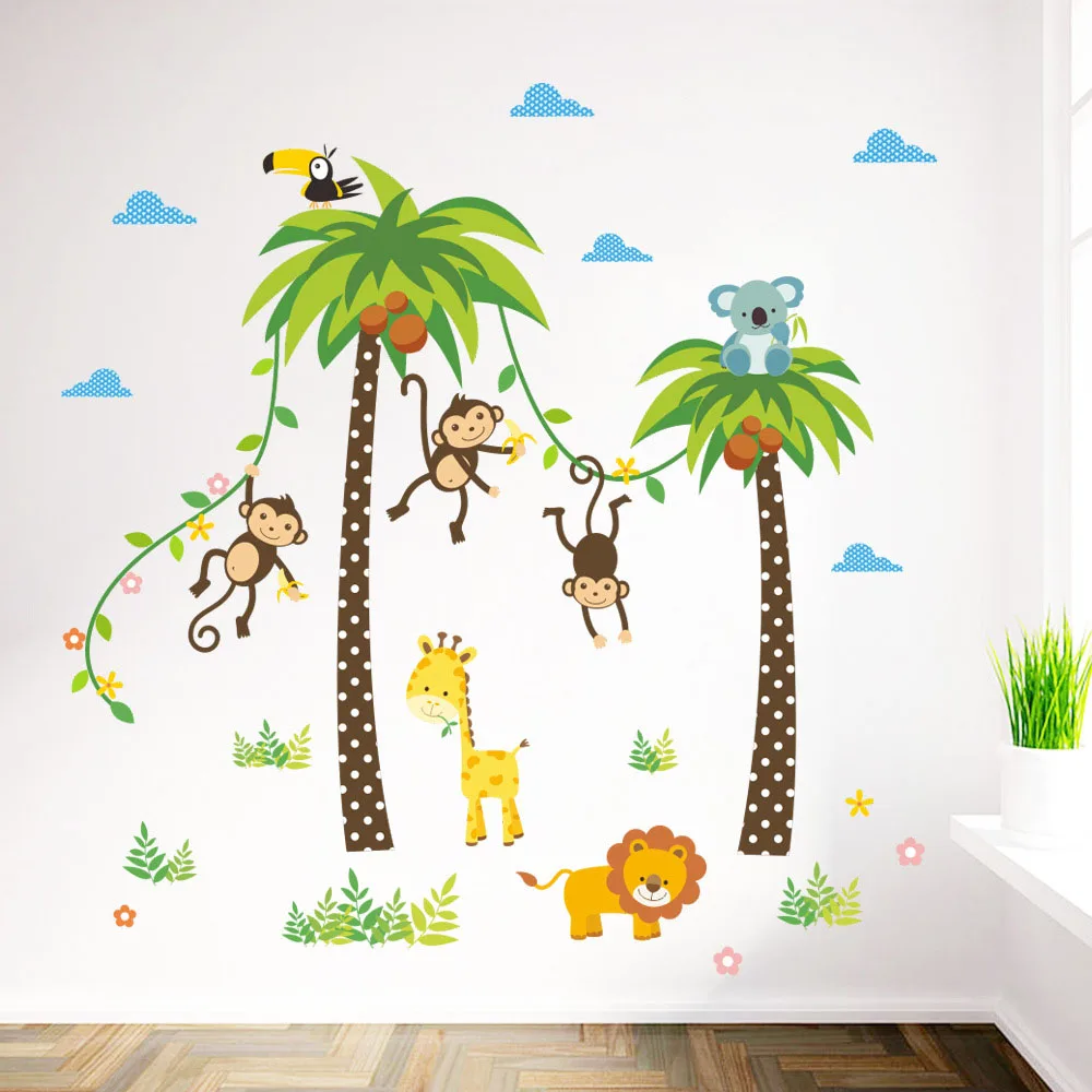Милые наклейки на стену в виде животных из леса обезьяны вороны кокосовой пальмы