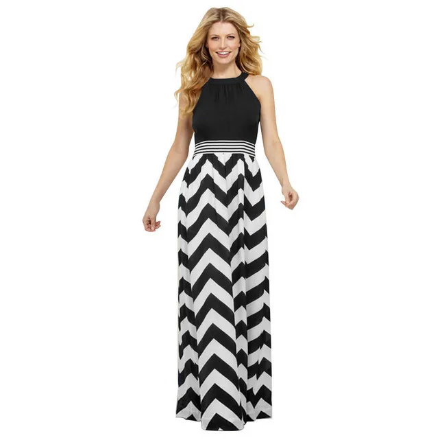 

Boho style long dress women Off shoulder beach casual summer dress 2020 robe sexy Black White stripe chiffon maxi dress