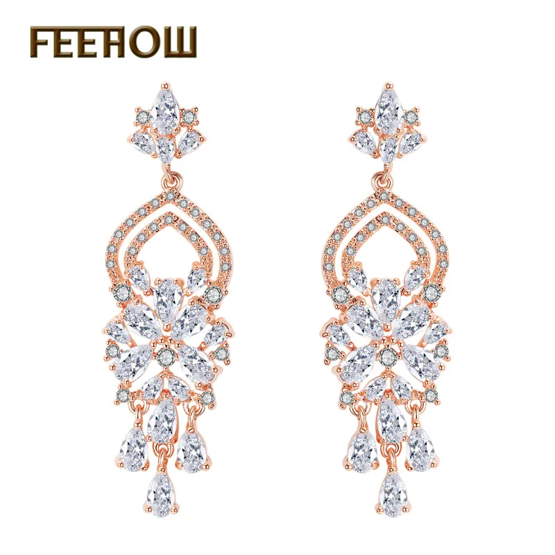 FEEHOW роскошные свадебные висячие серьги с кубическим цирконием ААА в форме люстры