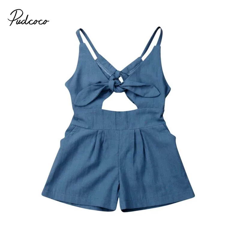 

Pudcoco 2020 Summer Toddler Baby Girl Clothes Solid Blue Sleeveless Hollow Out Lace Up Bodysuit 2Pcs Outfits Cotton Romper 2-6Y