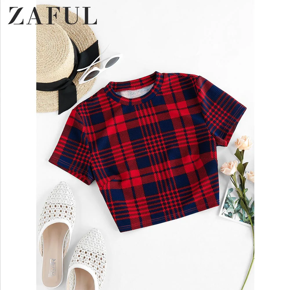 ZAFUL клетчатая укороченная футболка с вырезом лодочкой вишневого и красного цвета
