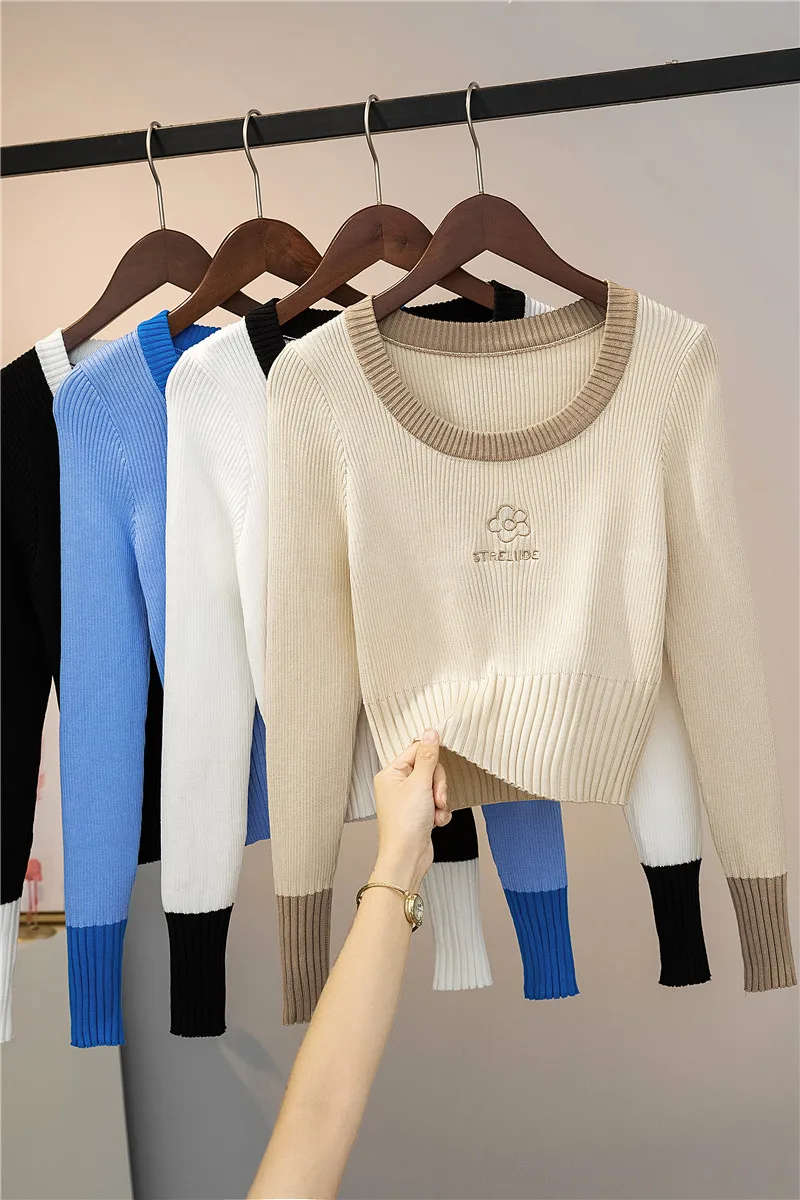 

White black kawaii cropped women knit crop sweaters korean style women sexy sweaters cute vintage fall 2020