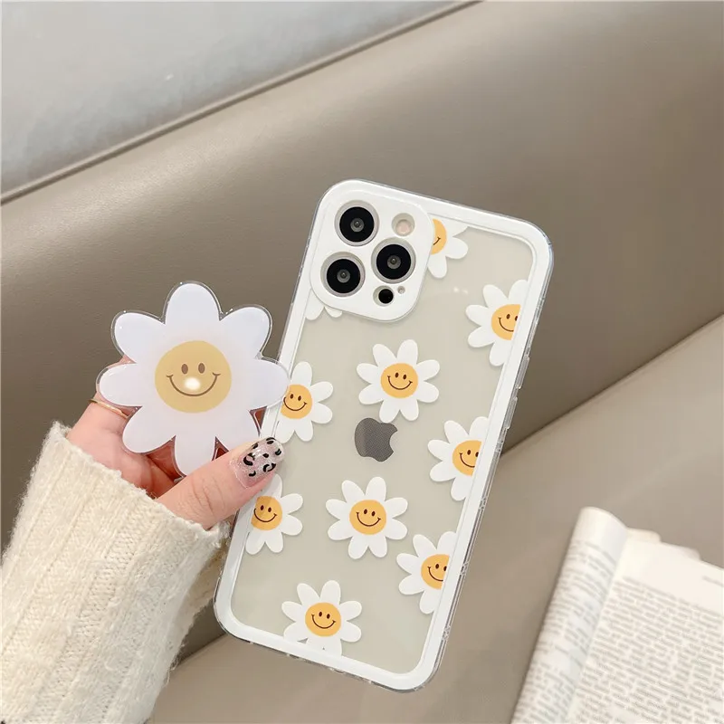 

Cute Smile Flower Phone Case Kickstand For iPhone 12 mini 11 Pro Max XR XS Max SE 2020 7 8 Plus Soft Clear Cover Daisy Holder