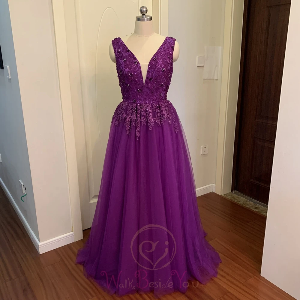 Фиолетовое платье для выпускного вечера дешевое роскошное Тюлевое с аппликации