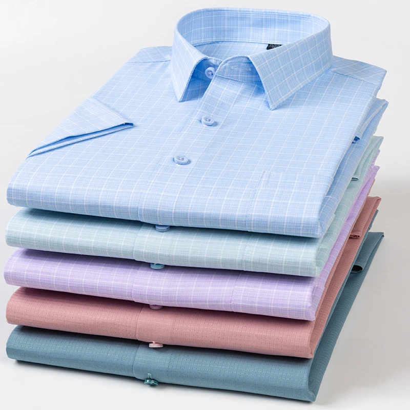 

Bamboo Fiber Men Dress Shirts Short Sleeve For Summer Business Mens Striped Social Shirt Casual Plaid Comfortable Soft 2021 New