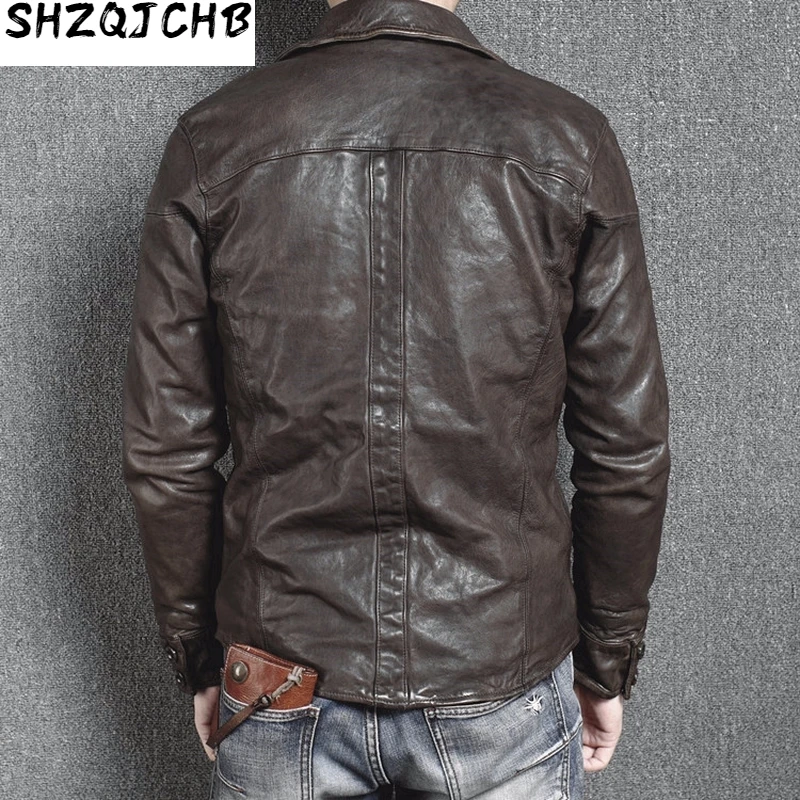 

JCHB 2021 Genuine Leather Jacket Vintage Slim Men's Leather Jacket Men Motorcycle Sheepskin Coat Short Jaqueta Couro 16301888M01
