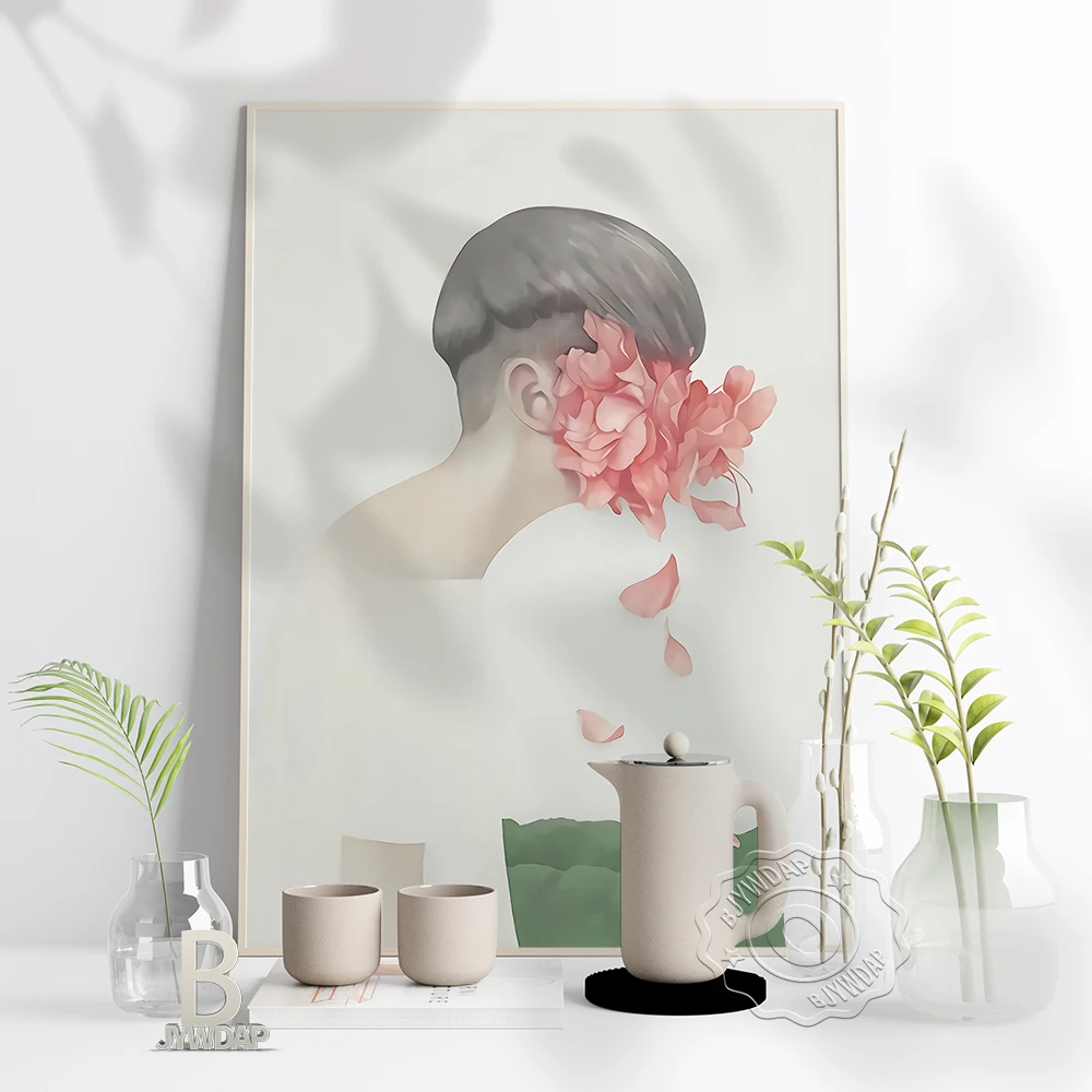 

Fashion Man Flower Illustration Poster Nordic Style Floral Leaf Still Life Painting Grey Hair Boy Decor Pictures Home Room Gift
