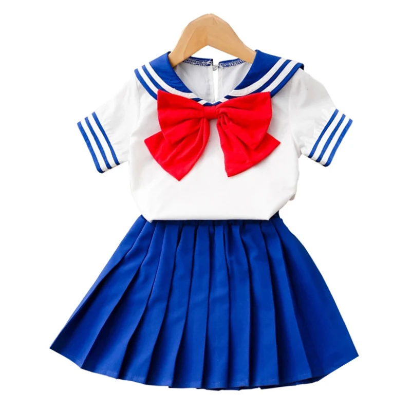 Children's Suit For Girls Summer Short Sleeve Bow Top + Pleated Skirt Sailor Moon Cosplay Sets Casual Outfit Baby Kids Clothing