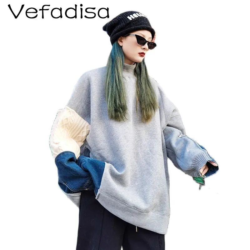 

Однотонная джинсовая Толстовка Vefadisa в стиле пэчворк, Весенняя толстовка из бархата средней длины с высоким воротником, свободная толстовка...