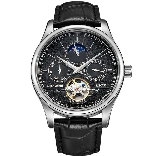 silver black Бренд lige мужские часы автоматические механические часы спортивные часы кожаные повседневные водонепроницаемые наручные часы золотые часы Relogio Masculino - Цвет: silver black