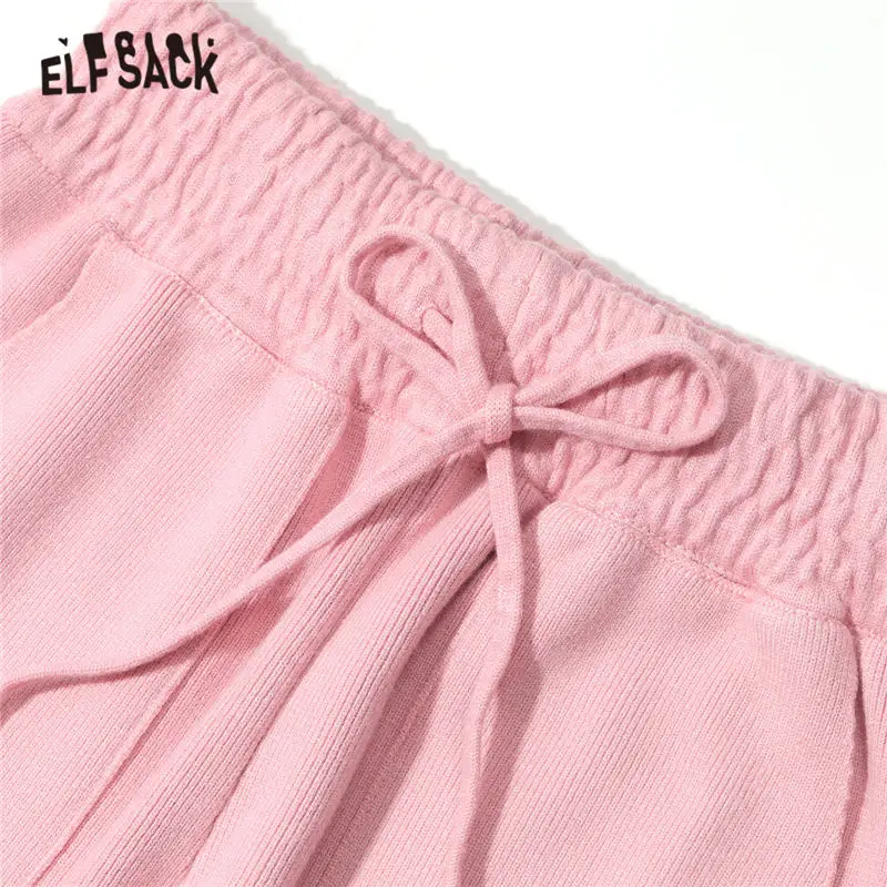 ELFSACK Solid Pure Straight Casual Women Knit Pants,2021 Winter ELF Vintage Drawstring High Waist Ladies Basic Daily Trouser
