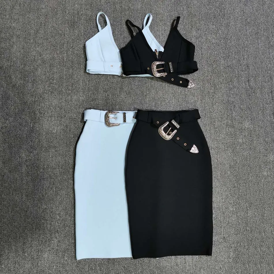 Женский бандажный комплект из двух предметов топ с металлической пряжкой и юбка
