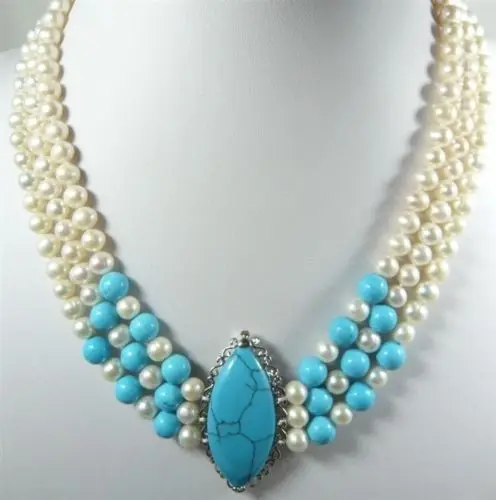 Бесплатная доставка @ красивый 3 ряда синий нефрит белый жемчуг кристалл бирюза