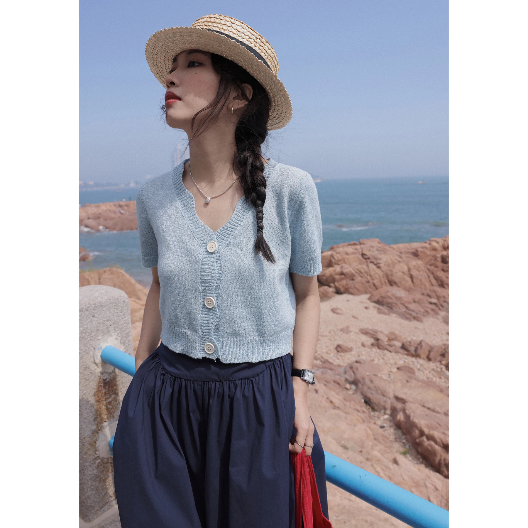 

OYANXI v-neck wavy edge design knit sweater summer pure color simple thin short-sleeved slim slim fashion top