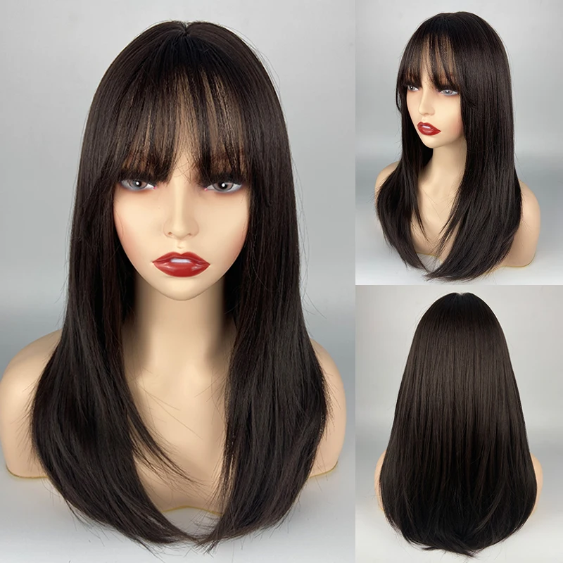 

URCGTSA Long Straight Ombre Black Synthetic Hair Wigs Heat Resistant Fiber Wigs for Women Daily Natural Wig with Bangs