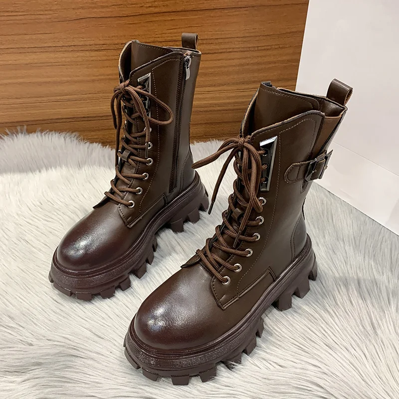 

Женские ботинки в готическом стиле, коричневые или черные ботинки на платформе, до щиколотки, на шнуровке, мотоциклетные ботинки в стиле рет...