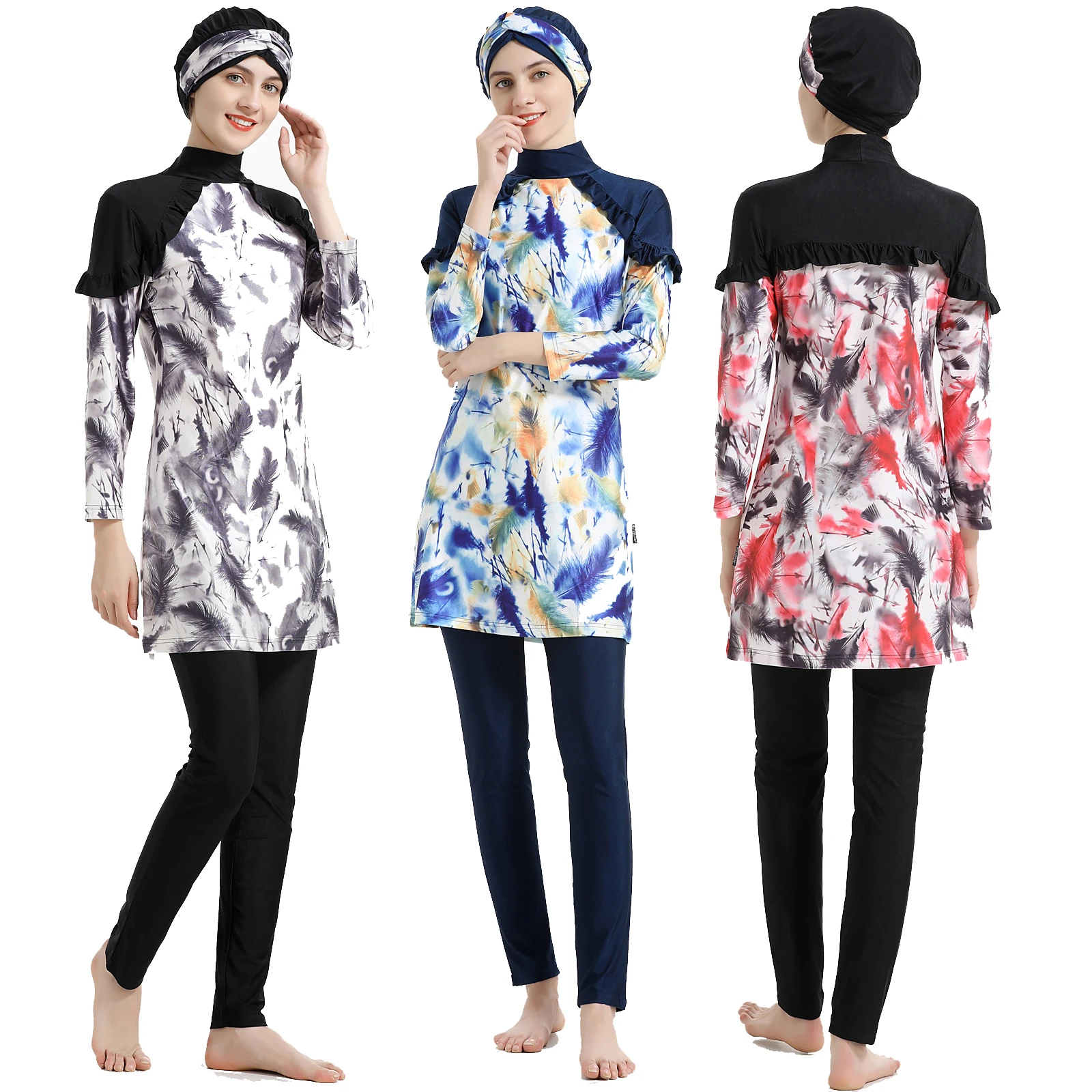 

Muslim Swimwear Long Sleeves Hijab Sport Swimsuit 3pcs Islamic Burkinis Wear Bathing Suit Women Girl Modest Patchwork