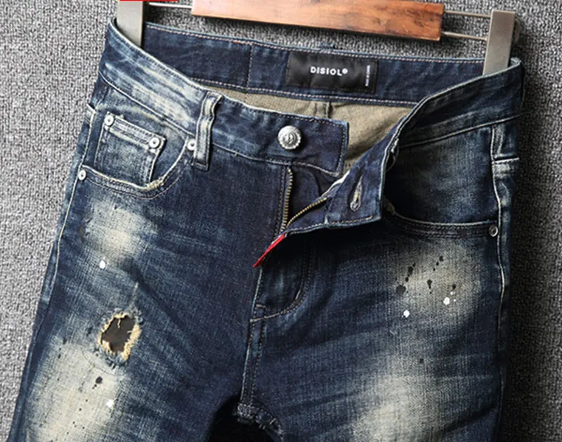 Модные мужские джинсы в итальянском стиле облегающие рваные ретро темно-синие