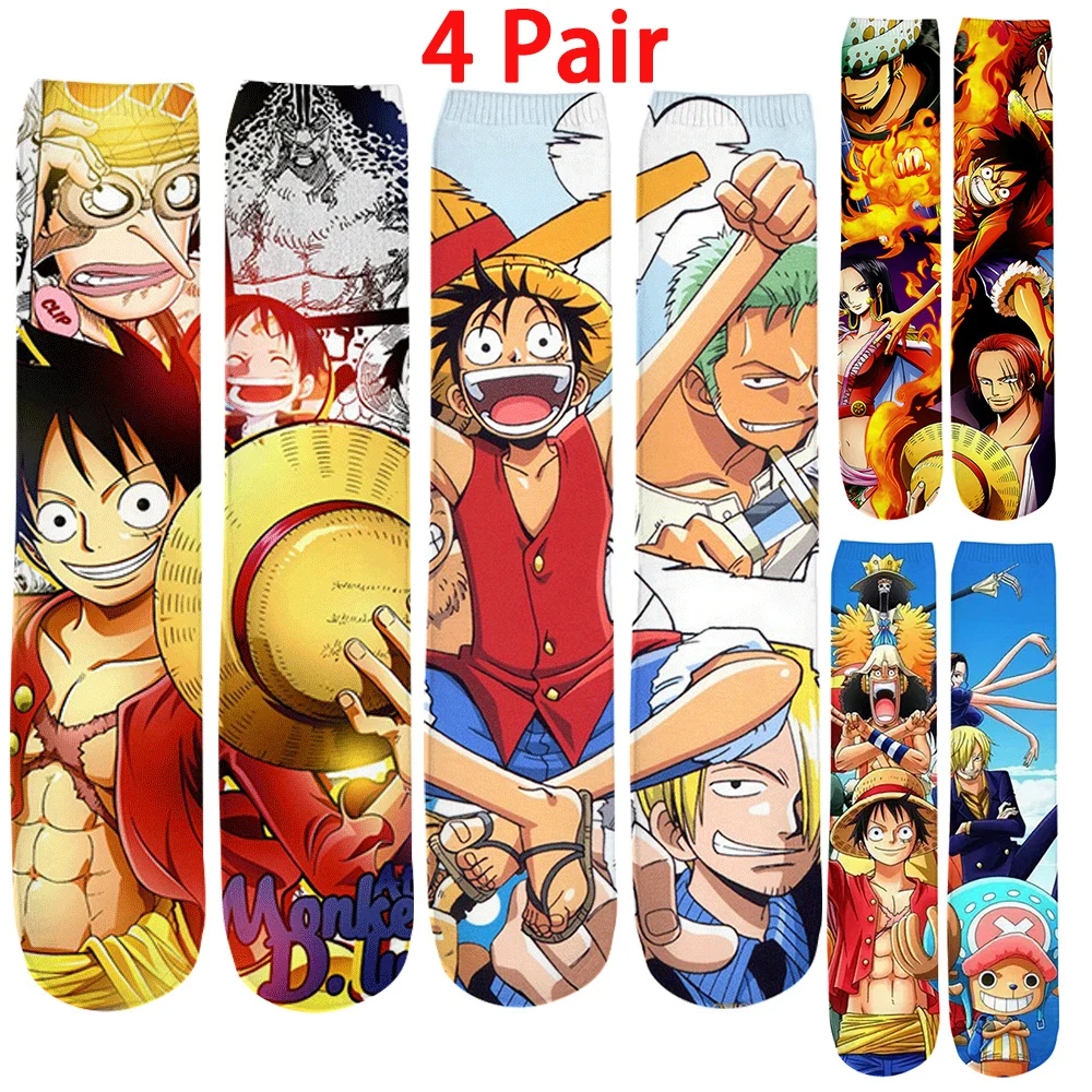 CLOOCL 4 Pairs Socks Anime One-Piece 3D Printed Cartoon Luffy Straight Socks for Men Women Party Gift Short Sock