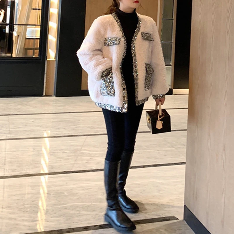 

Winter Lamb Hair Fragrance Coat Patchwork Sequined Lantern Sleeve Long Sleeve O Collar Button Pocket Loose Coat Women's Clothing