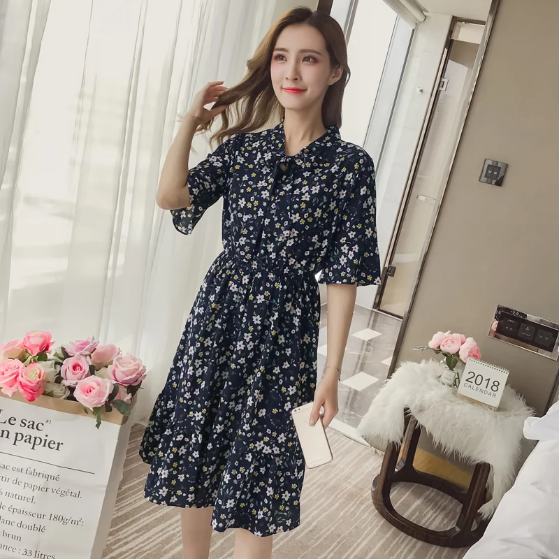 Платье женское шифоновое с бантом и цветочным принтом богемное ТРАПЕЦИЕВИДНОЕ