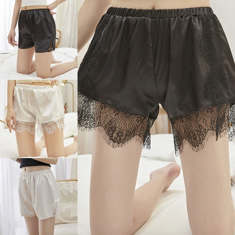 

Women High Waist Silky Satin Safety Pants Sexy Eyelash Floral Lace Hem Bowknot Slip Shorts Casual Summer Loose Underpant