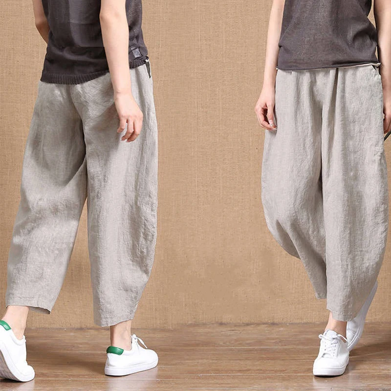 

New Summer Women Vintage Harem Pants Female Loose Casual High Waist Ankle-Length Pants Lady Elastic Wide Leg Pants KK0086