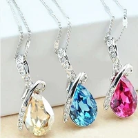 fashion rhinestone waterdrop crystal pendant long necklace womens elegant blue white pink purple jewelry 2021 winter gift