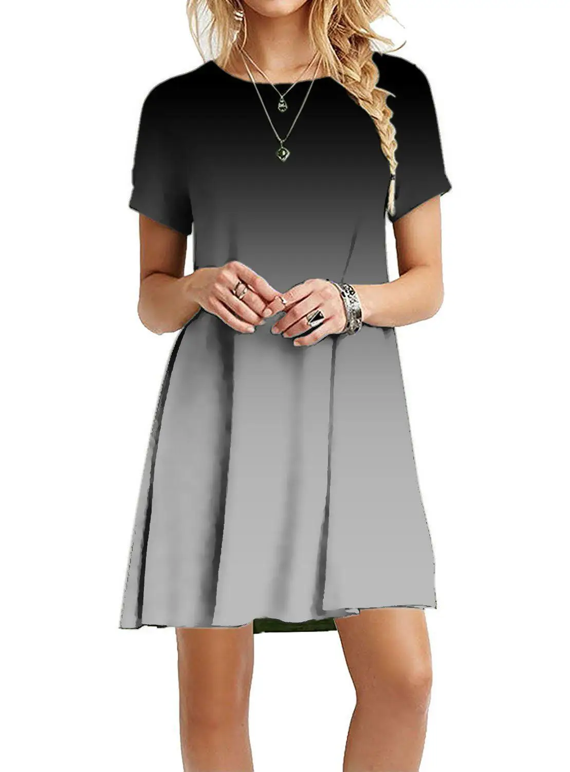 

Women Plus Size Summer Short Sleeve Crew Neck Swing T-Shirt Dress Colorblock Gradient Pullover Loose Milk Fiber Sundress S-5XL