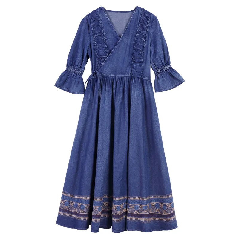 

Floral Embroidery Jean Dresses Spring Women V-Neck Flare Sleeve Lace Up High Waist Wiggle Dress Femme Vintage Midi Denim Dress