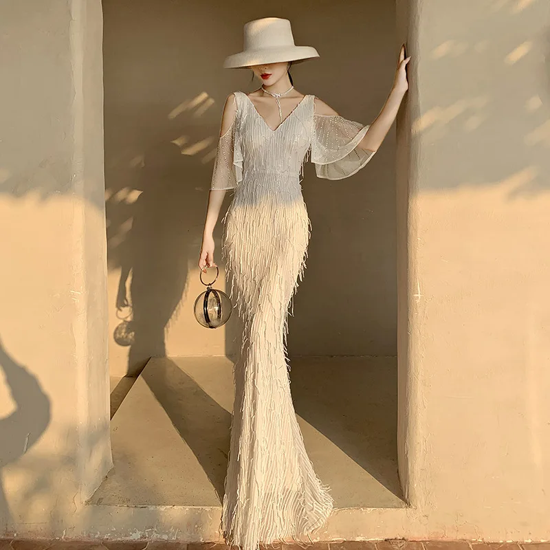 

Белое вечернее платье, длинное облегающее платье-Русалка с коротким рукавом, официальное платье, женское элегантное платье, вечернее плать...