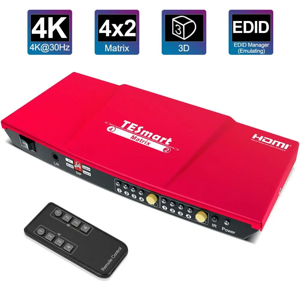 

HDMI Matrix 4X2 Switch/Splitter 4 in 2 Out Support Ultra HD 4K@30Hz 3D 1080P with S/PDIF Audio Output (Red)
