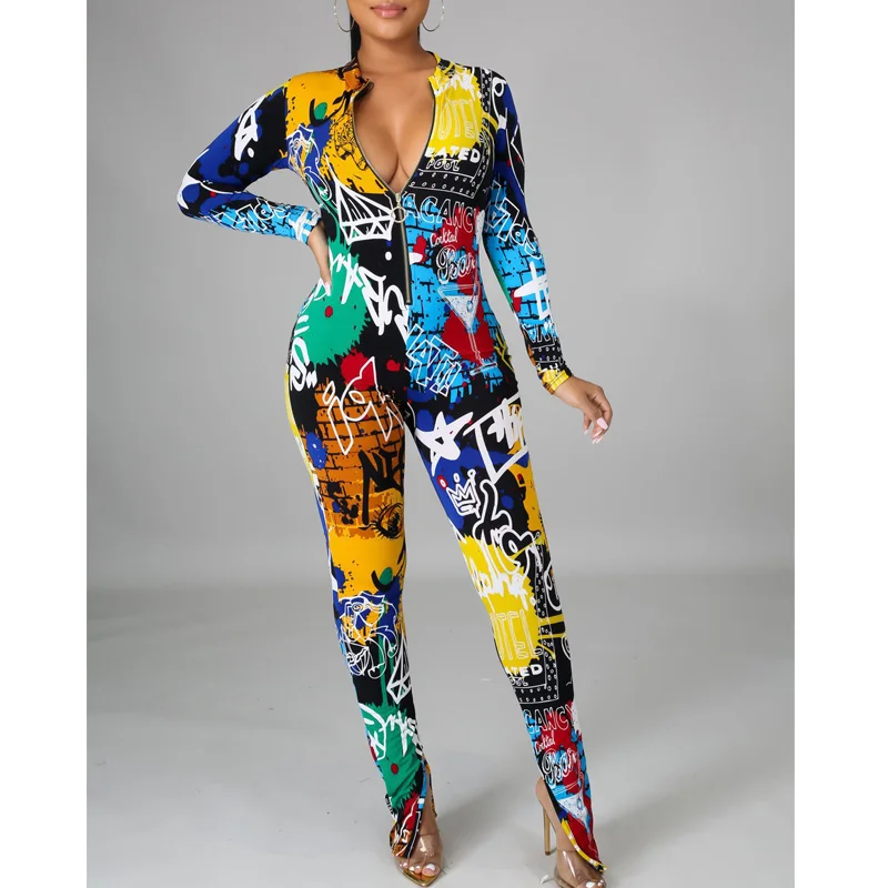 

2021 Women Sexy Graffiti Printed Long Sleeve Skinny Jumpsuit Romper