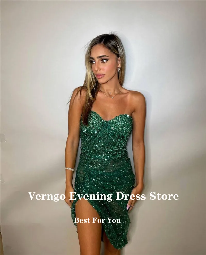 Платье Verngo Glitter Green для вечеринки короткое на бретелях с сердечком, украшенное пайетками и бисером, асимметричное, коктейльное, вечернее.