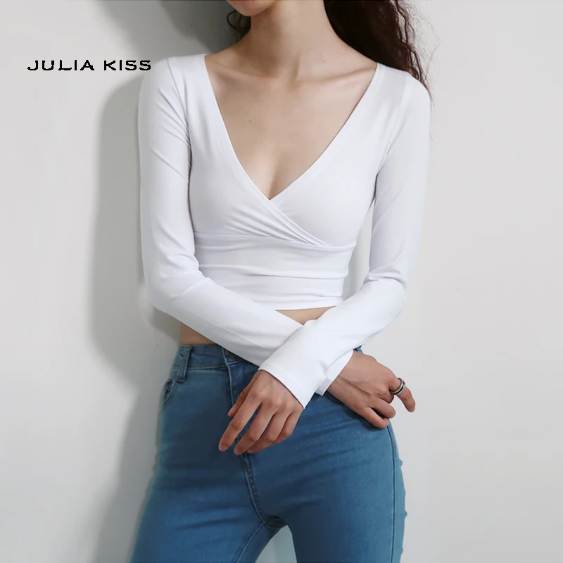 Женский укороченный Топ с длинным рукавом и V образным вырезом|Футболки| |