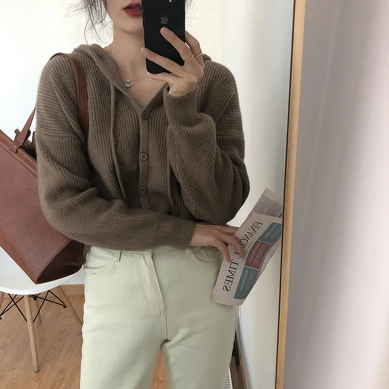 

Однобортный осенний вязаный свитер, женские джемперы с капюшоном, повседневная трикотажная одежда с длинным рукавом, Свободные корейские к...