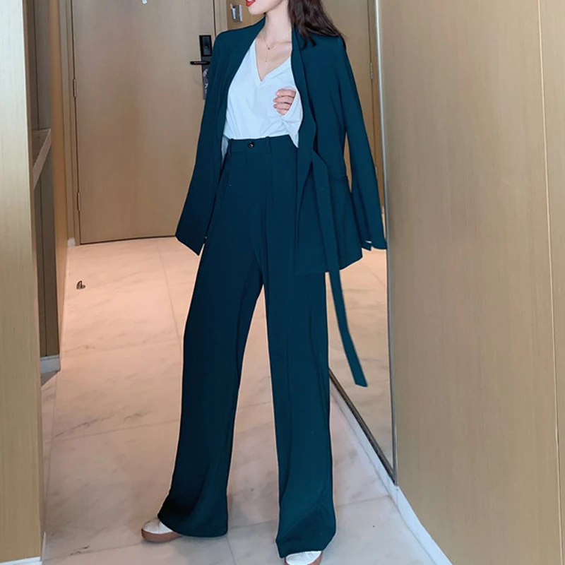 BornSra Vintage Two Pieces Set Women Blazer Lace Up Notched &amp Loose Pant Suits Female Trouser Suit 2020 | Женская одежда