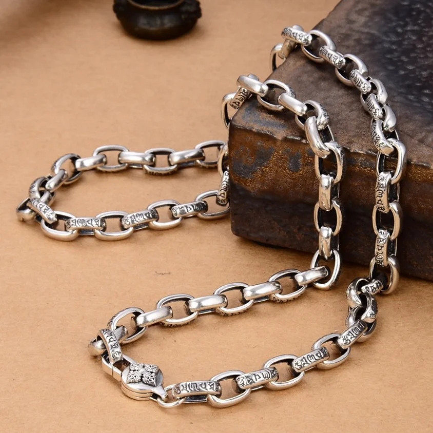 

8mm Real Silver Six-word Mantra Buckle Retro Necklace Men Male S925 Sterling Silver Retro Vajra Mantra Round Necklace Jewelry