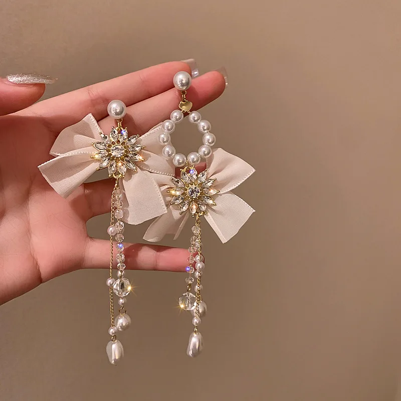 

New Luxury Big Bowknot Pearl Crystal Tassel Long Earrings For Women Fashion Jewelry Statement Asymmetry Oorbellen Brincos