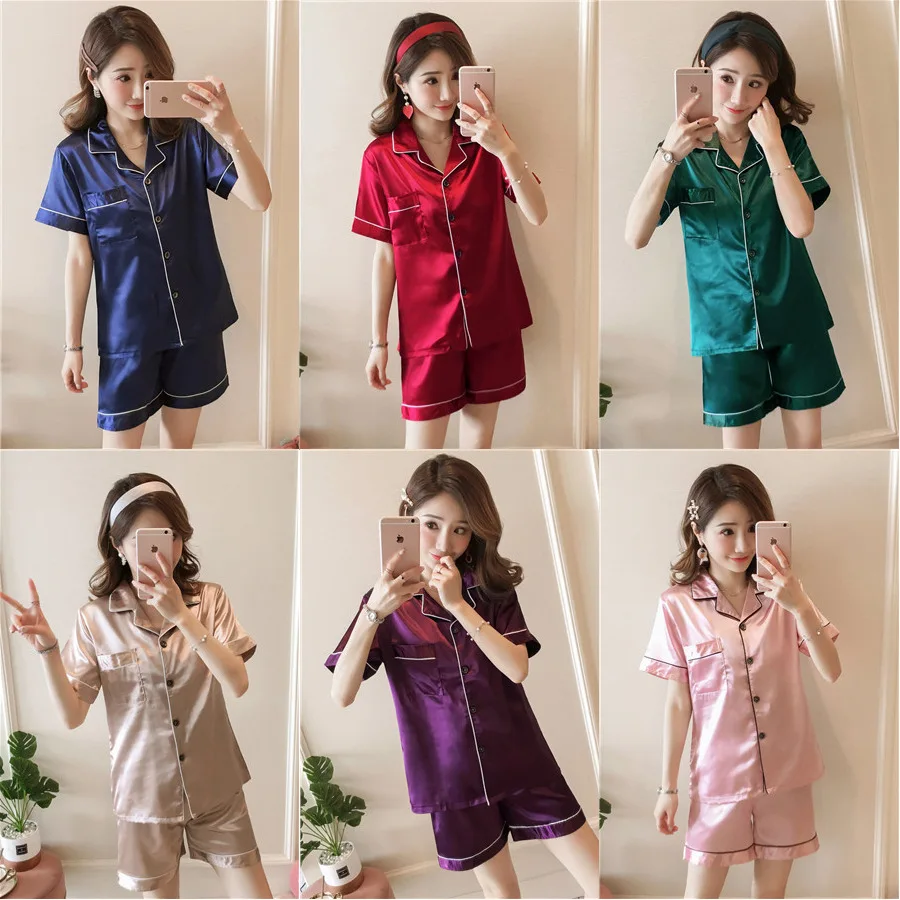 

Silk Satin Pajamas for Women Pyjamas Set Short Sleeve Sleepwear Women Set Pajamas Suit Female Two Piece Set Loungewear Plus Size