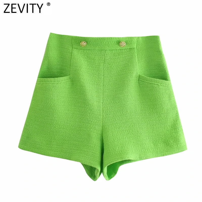 

Zevity Women Fashion Button Decoration Green Tweed Woolen Hot Shorts Femme Streetwear Chic Side Zipper Pantalone Cortos P1155