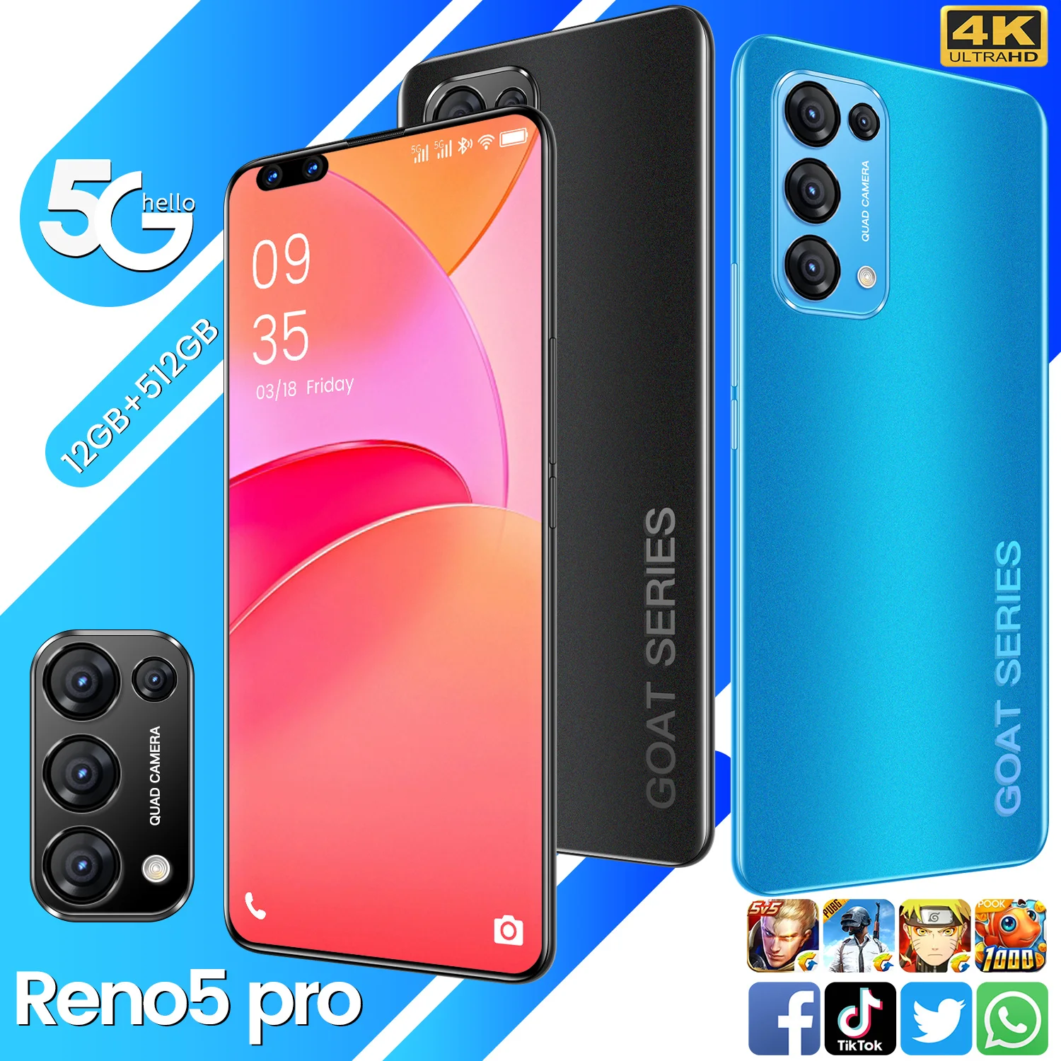 

Reno5 Pro Smartphone HD Camera Android Cellphone 12GB RAM + 512GB ROM Memory Large Capacity Battery 5G Mobile Glass screen Phone