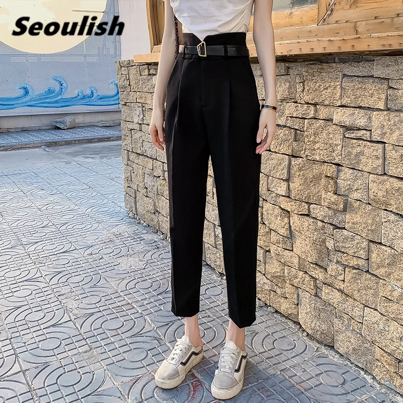 

Женские деловые брюки до щиколотки, элегантные офисные брюки с поясом и высокой талией в Корейском стиле, весна-лето 2020